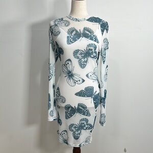 Guess Mini Dress Longsleeve Semi Sheer Butterfly Print Size L Bodycon